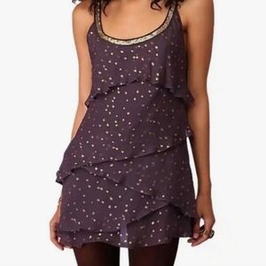 Free People Dark Purple Gold Color Studs Ruffle Tiered Silk Blend Mini Dress